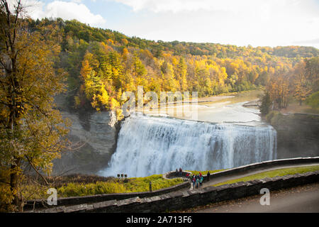 people standing overlooking Middle Falls at Letchworth State Park in upstate New York Stock Photo