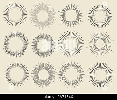 Set of vintage hand drawn sunbursts. Vector illustration. Stock Vector