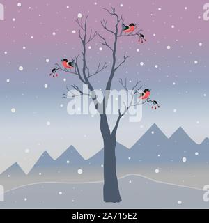 Winter Tree with few berries and Red Birds on a cold looking background with mountains and dark snowy sky. Season Nature. Snowy Natural Landscape. Vec Stock Vector