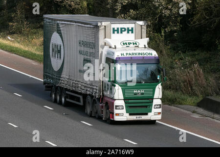 H Parkinson Haulage MAN truck commercial transport, industry, on the M6 at Lancaster, UK Stock Photo