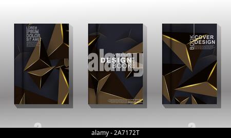 Vector collection of book covers, brochures etc. Abstract Geometric triangles brown and gold in dark background Stock Vector