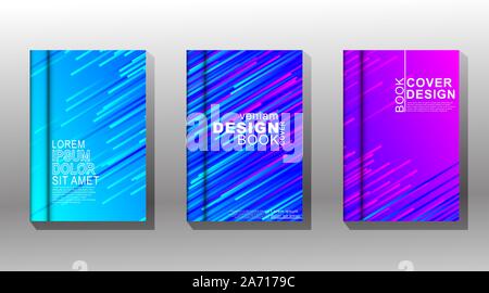 Vector collection of book covers, brochures etc. Colorful abstract diagonal lines on gradient futuristic background. Light trails effect Stock Vector