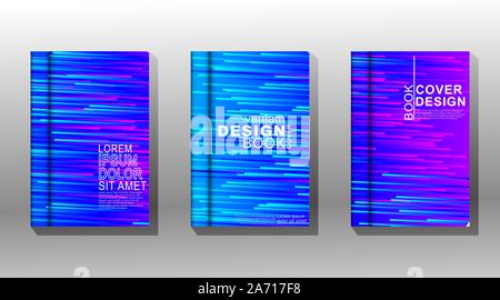 Vector collection of book covers, brochures etc. Colorful abstract diagonal lines on gradient futuristic background. Light trails effect Stock Vector