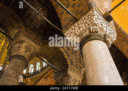 Details from top of a column in Ayasofia or Hagia Sofia in Sultanahmet, Istanbul, Turkey. Built in 537 AD as a church, it was converted into a mosque Stock Photo