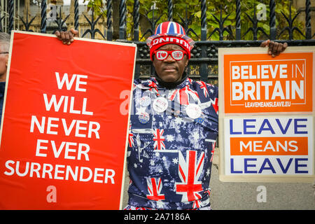 London, UK, 29th Oct 2019. Leave protester Joseph Afrane in one of his colourful Union Jack outfits stands outside Parliament. Pro and Anti-Brexit protesters  have once again brought out placards, banners and flags to the Houses of Parliament, as MPs debate and vote on a possible general election inside the Palace of Westminster. Credit: Imageplotter/Alamy Live News Stock Photo