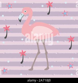 Cute Pink Flamingo with Palms and Stars on a Blue Background with Stripes. Summer Collection. Vector Illustration. Stock Vector