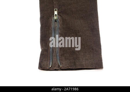 Open zipper on the sleeve of a corduroy jacket on a white background Stock Photo