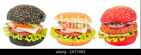 A collection of three vegan burgers isolated on white background Stock Photo