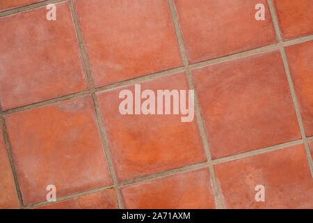 terracotta tiled floor background - terracotta tiles closeup Stock Photo