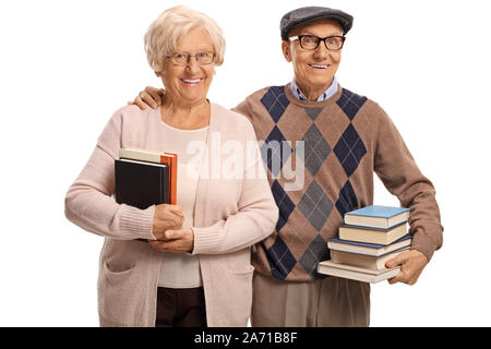 Elderly man and woman with books isolated on white background Stock Photo