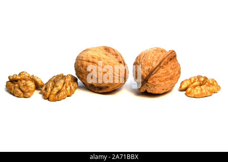 Walnuts in a shell and without it on a white background Stock Photo