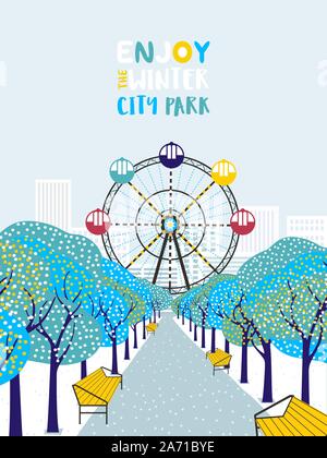 Wintertime in city park flat color vector poster Stock Vector