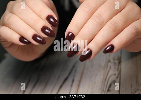 Blue Manicure On Short Nails Hands On White Background Salon Stock Photo Alamy