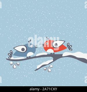 Two Birds sitting on a Branch say "Hello Winter". Hello winter card with cartoon birds a on a branch covered with snow. Winter background. Greeting ca Stock Vector