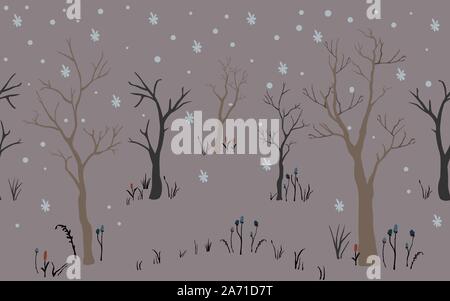 Trees. First Snow. Winter Christmas landscape background with trees, snow, snowflakes. Hand Drawn Design. Vector Illustration. Holiday Card. For cards Stock Vector