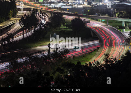 Night view of traffic on the route 5 and 134 freeway interchange bridges near Los Angeles in downtown Glendale, California. Stock Photo