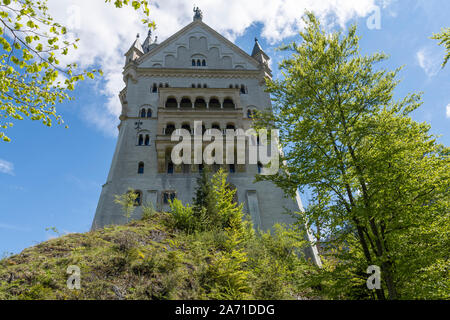 Neuschwanstein castle in Germany from east side from below with a birch to the right in foreground and blue sky in background. Stock Photo