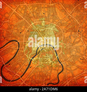 coat of arms over vintage style map of roads in city of Moscow in Russia Stock Photo