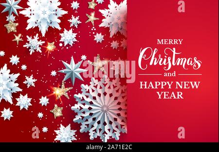 Festive red paper cut snowflakes and stars greeting card. Snowy realistic Christmas design on bright background for banner, ticket, invitation, greeti Stock Vector
