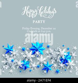 Realistic paper cut snowflakes and blue stars greeting card. Holiday Christmas design template background for design banner, ticket, invitation, greet Stock Vector