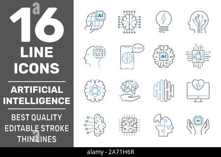 Machine learning and artificial intelligence icons set. Deep learning neural network concept. Editable Stroke. EPS 10 Stock Vector