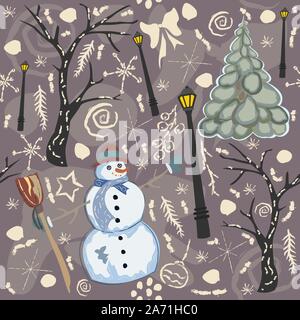 Creative Winter Pattern with happy Snowman, Christmas Tree and forest trees. Funky Purple background with ornaments, snowflakes, bows and other doodle Stock Vector