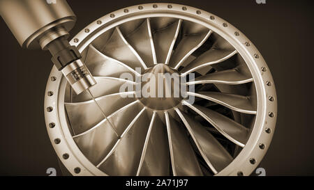Milling aluminum turbine in five axis CNC machine. Template, mockup Stock Photo