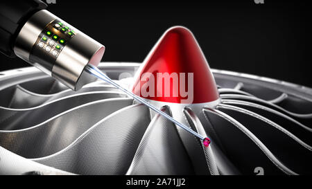 Milling aluminum turbine in five axis CNC machine. Template, mockup Stock Photo