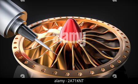 Milling aluminum turbine in five axis CNC machine. Template, mockup Stock Photo