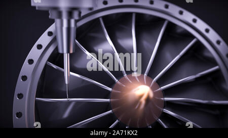 Milling aluminum turbine in five axis CNC machine. Template, mockup Stock Photo