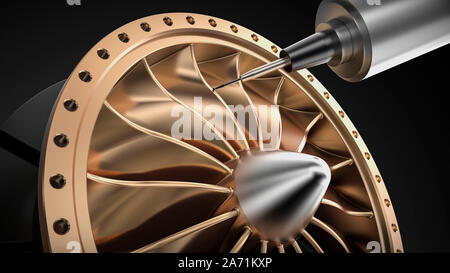Milling aluminum turbine in five axis CNC machine. Template, mockup Stock Photo