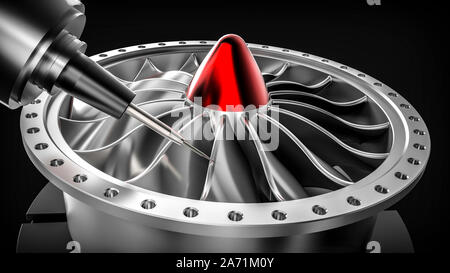 Milling aluminum turbine in five axis CNC machine. Template, mockup Stock Photo