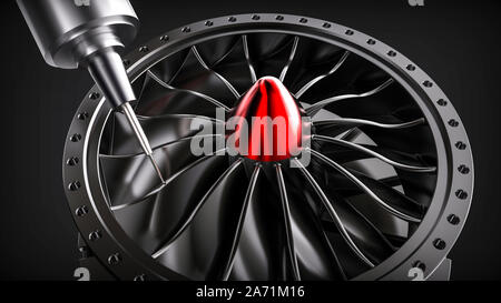 Milling aluminum turbine in five axis CNC machine. Template, mockup Stock Photo