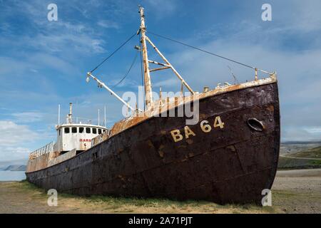 Steel ship Gardar BA 64, shipwreck from 1912, at road 612, near Patreksfjordur, Westfjorde, Iceland Stock Photo
