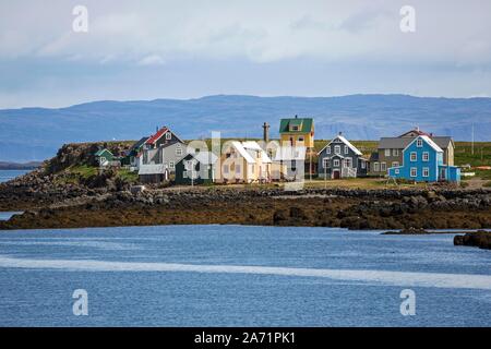 Colourful wooden houses on Flatey Island between Brjanslaekur and Stykkisholmur, West Iceland, Iceland