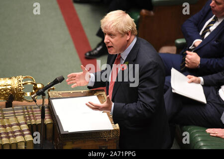 London, UK. 29th Oct, 2019. British Prime Minister Boris Johnson speaks at the House of Commons in London, Britain, on Oct. 29, 2019. Britain looks set to hold the general election on Dec. 12 after lawmakers on Tuesday night voted to back it following months of Brexit deadlock. (Jessica Taylor/UK Parliament/Handout via Xinhua) HOC MANDATORY CREDIT: UK Parliament/Jessica Taylor Credit: Xinhua/Alamy Live News Stock Photo