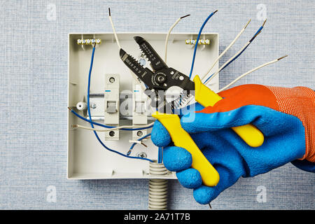 Upgrades of domestic consumer unit or the automatic fuse box. Mounting the miniature circuit breakers. An electrician cuts the ends of copper wires us Stock Photo