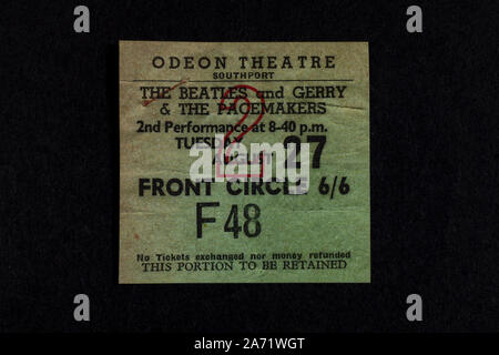 Replica memorabilia relating to the Beatles: Odeon Theatre Southport concert ticket for The Beatles & Gerry & The Pacemakers, 27th August 1963. Stock Photo