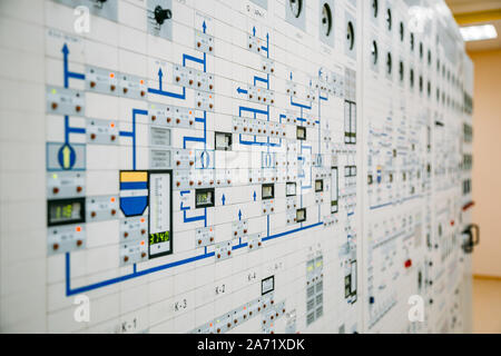 Control panel dashboard of industrial machinery or power plant, selective focus. Stock Photo