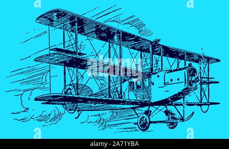 Historical commercial single-engine tractor triplane flying in a cloudy sky on a blue background. Editable in layers Stock Vector
