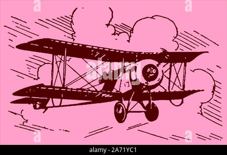 Historical biplane aircraft flying under a cloudy pink sky at sundown. Editable in layers Stock Vector