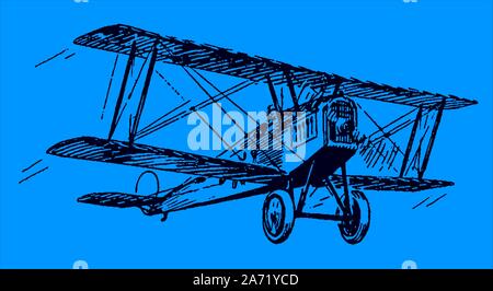 Antique biplane aircraft flying under a dark blue sky. Editable in layers Stock Vector