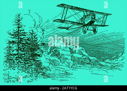 Historical biplane aircraft flying over a mountaineous region with trees on a blue-green background. Editable in layers Stock Vector