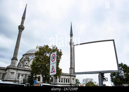 Big white advertising sign close-up. Stock Photo