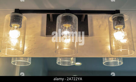 Panorama Close up of contemporary bathroom mirror lights Stock Photo
