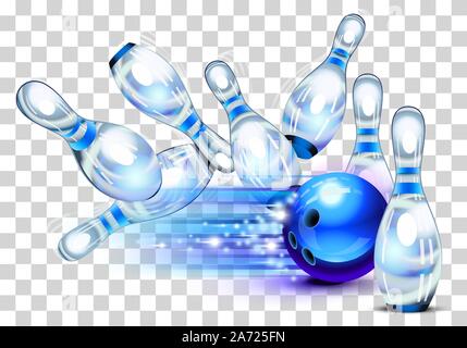 Bowling game, blue bowling ball crashing into the pins Stock Vector