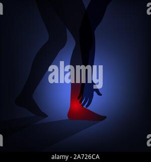Man silhouette bend down and hand touch to pain point. Health problems concept, ankle sprain, arthritis. Vector illustration neon light style,low poly Stock Vector
