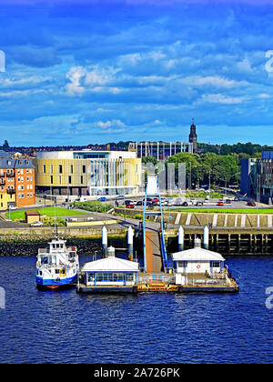 South Shields library and the Tyne and Wear Transport ferry terminal with the Pride of the Tyne tied up alongside Stock Photo