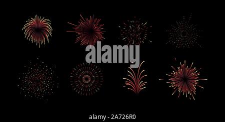Collection or set of eight fireworks vectors icons in different gradient colors isolated on black background for new years eve Stock Vector