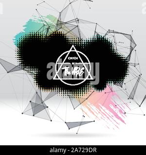 Background with brush stroke, blot, triangular grid and label Stock Vector